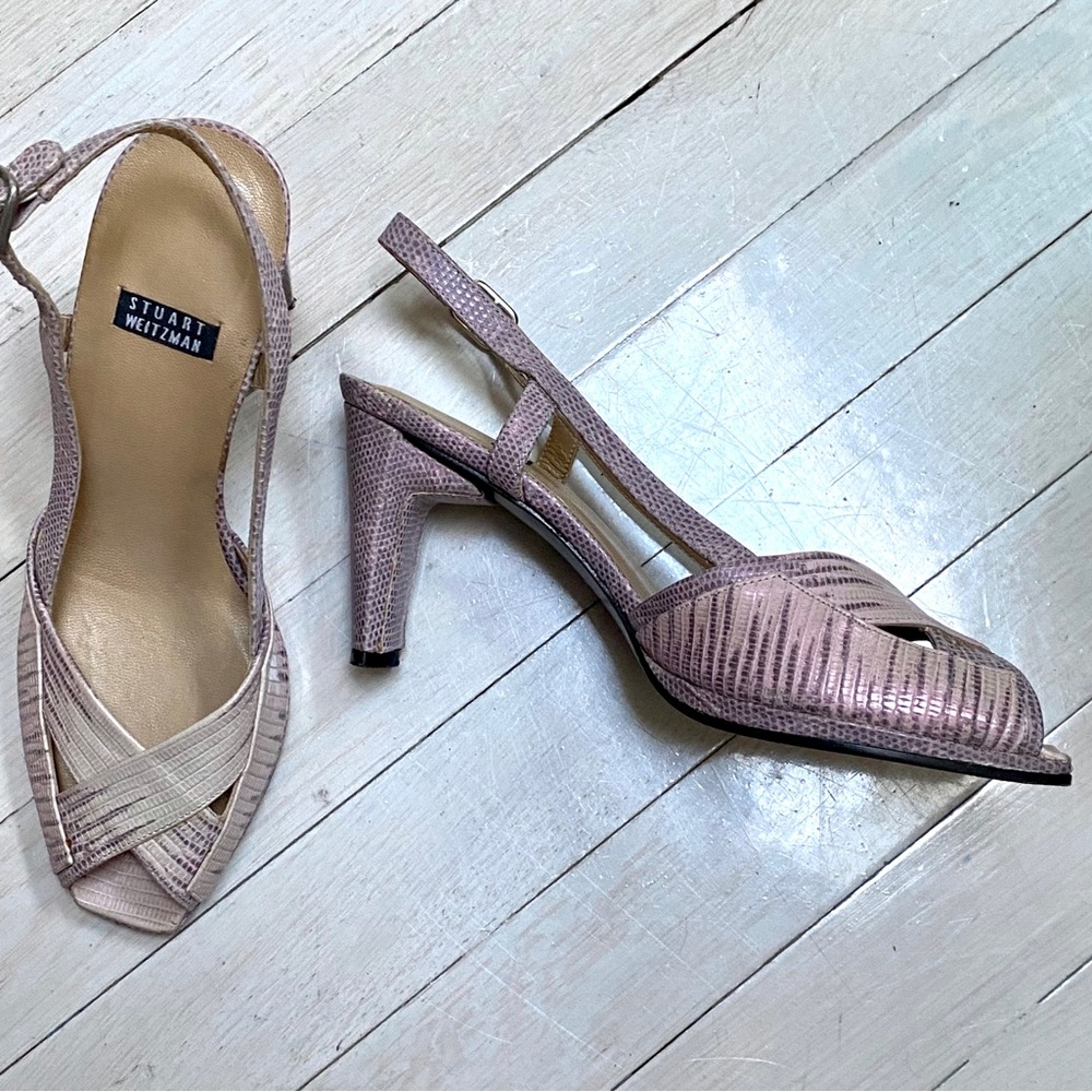 Stuart Weitzman Snake Embossed Leather Peep Toe Slingback Sandals